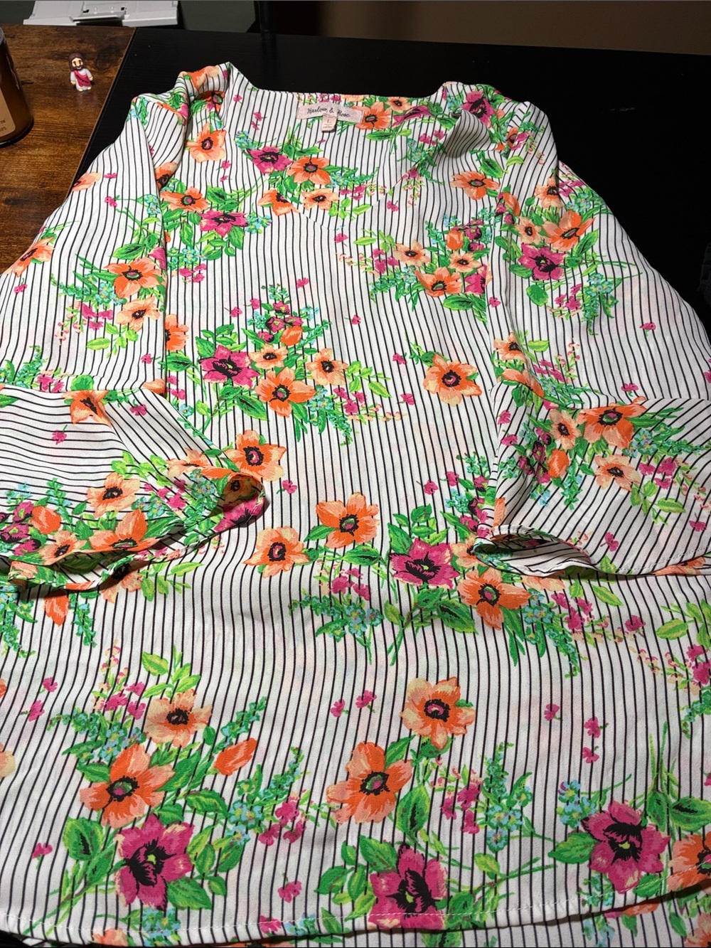 Floral Stripe Long-Sleeve Tunic Top - White with Orange & Pink Flowers